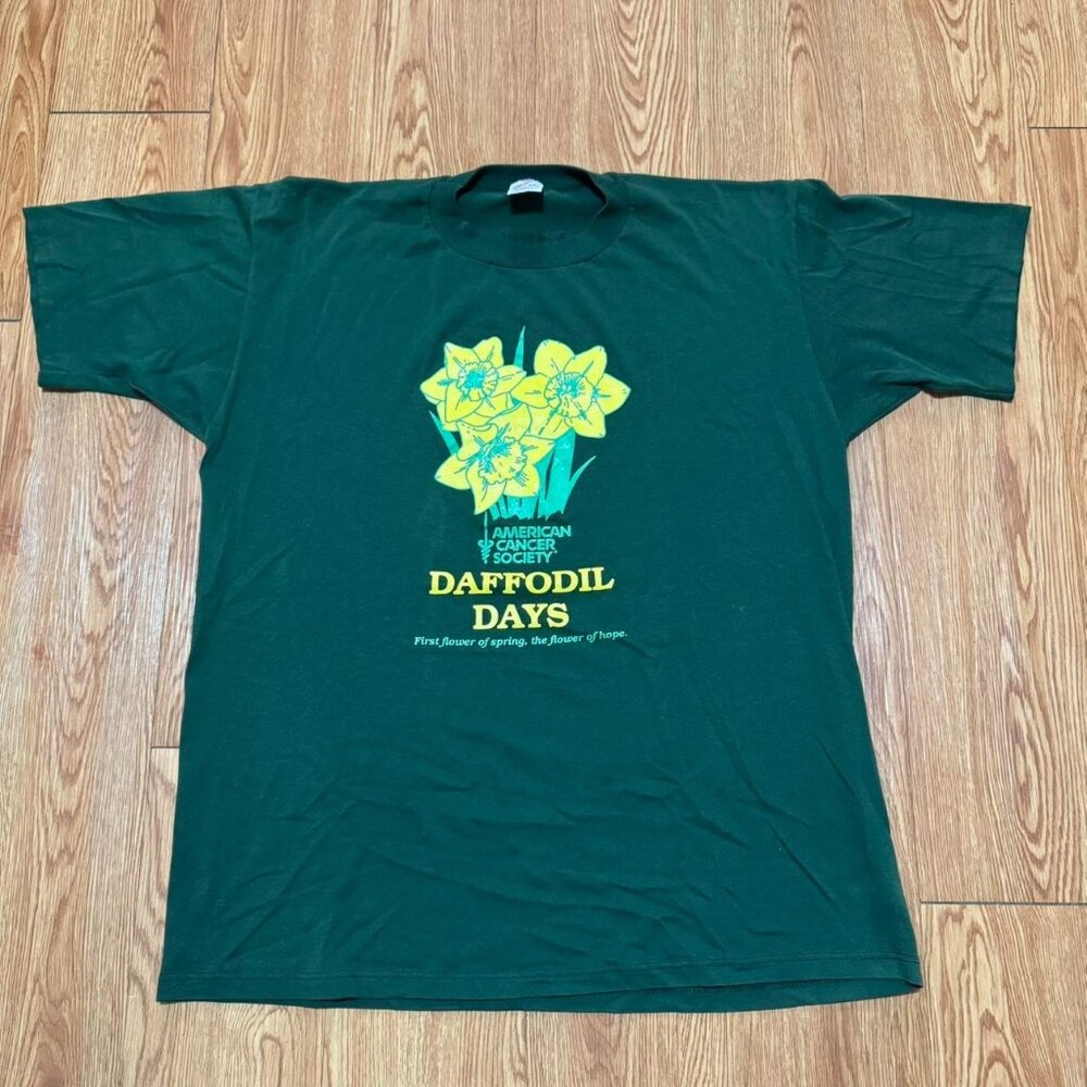 Vintage 90s Cancer‎ Daffodil Flower Life Single Stitch Green Shirt